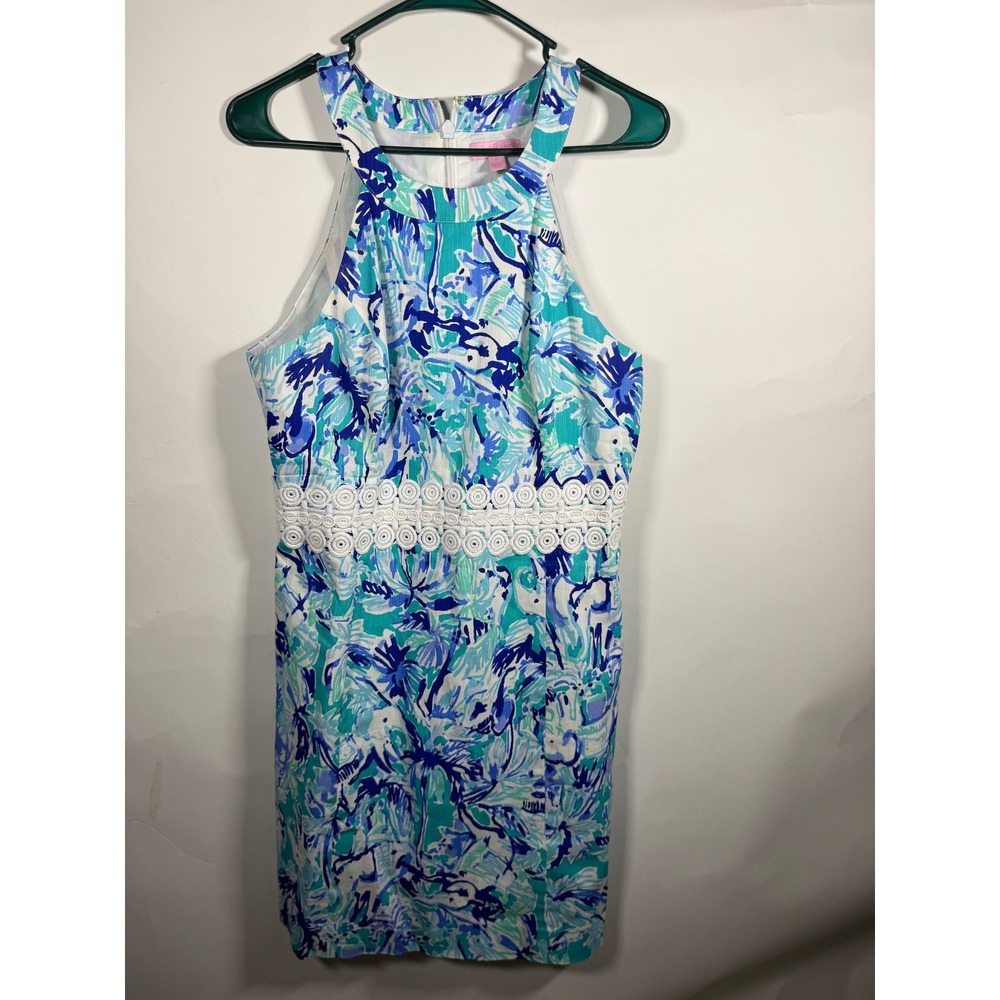 Lilly Pulitzer Blue Green Tropical Floral Halter Shift Dress with Crochet Trim